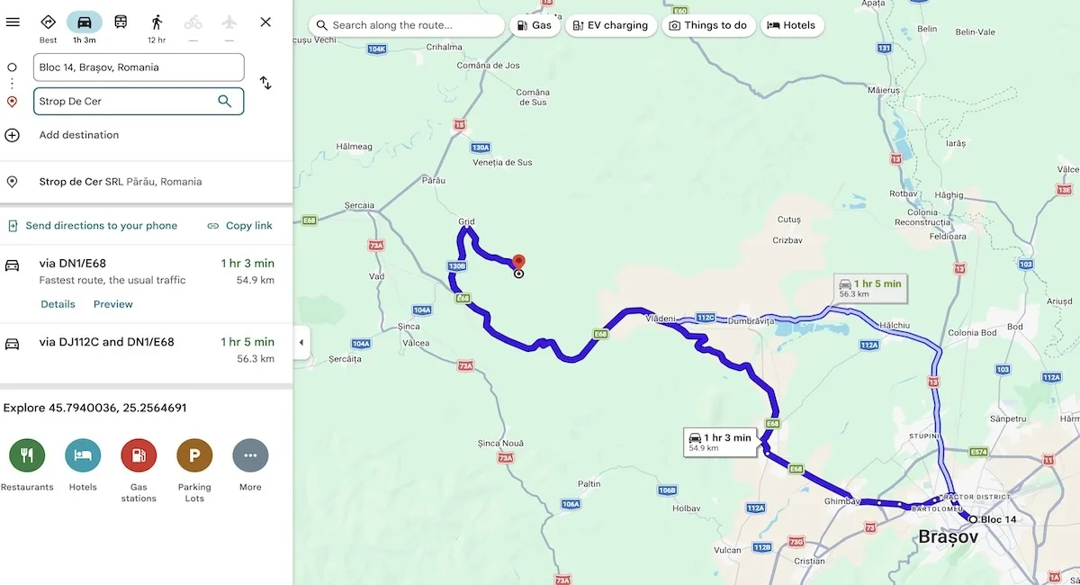 Traseu auto Brașov - Strop de Cer